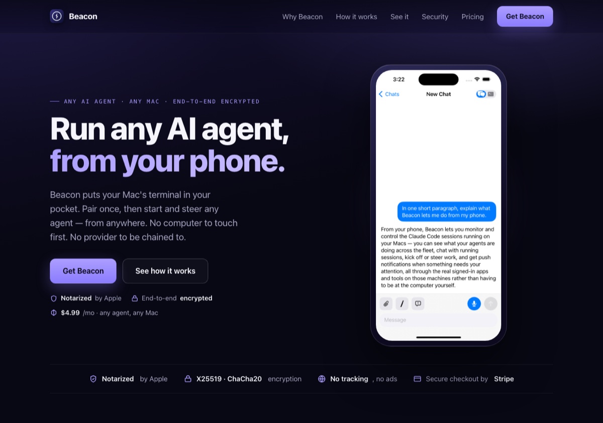 Beacon homepage — run any AI agent from your phone