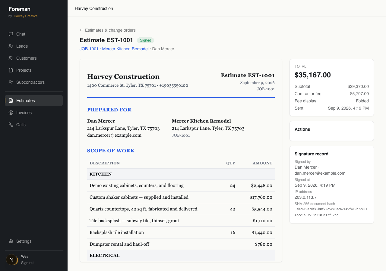 Foreman — signed construction estimate