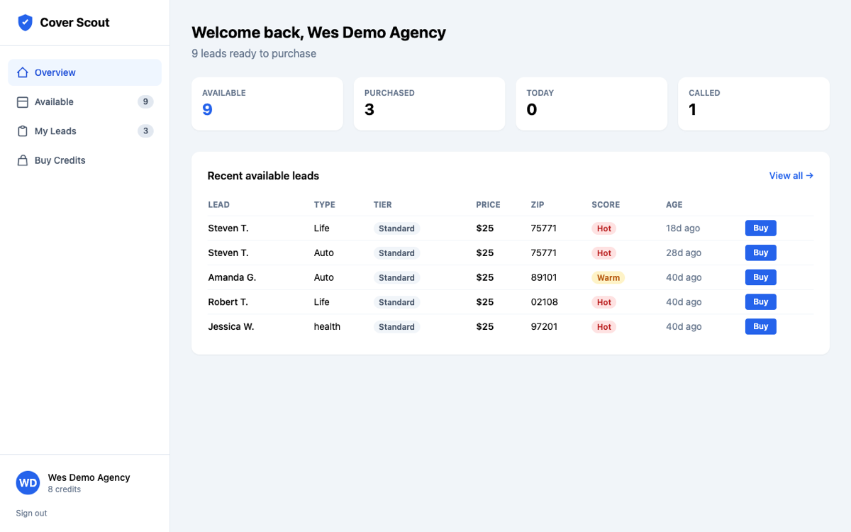 Insure Leads dashboard screenshot